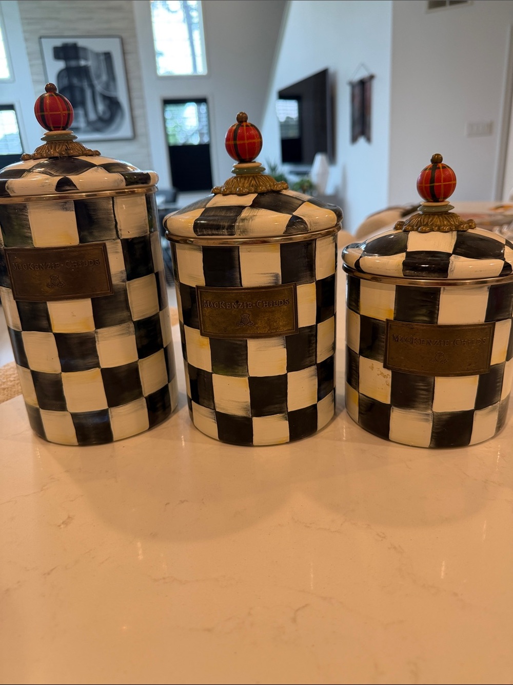 MacKenzie-Childs Black and White Checkered Canister Trio with Red Finials